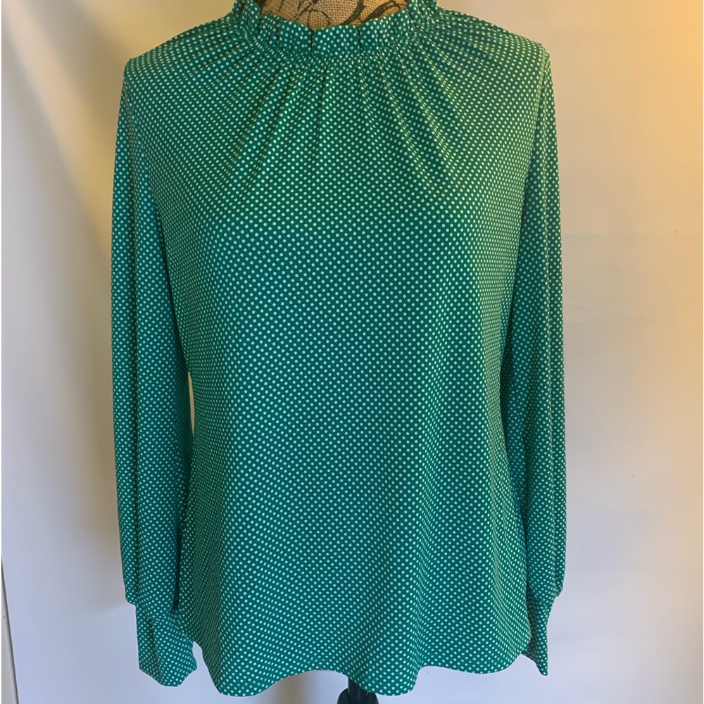 Adrianna Papell Green White Polka Dot Blouse Polyester Elastane Blend Size Med.